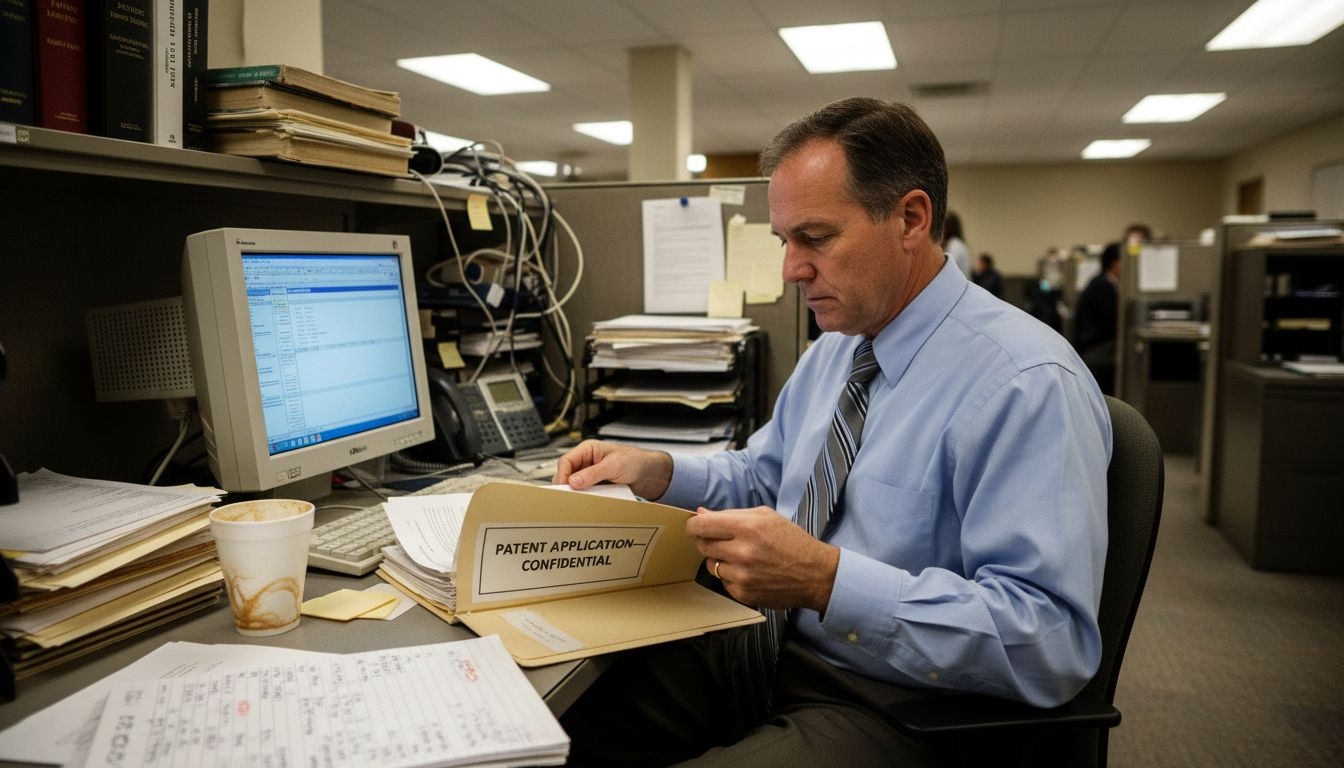 Patent examiner reviewing confidential application files