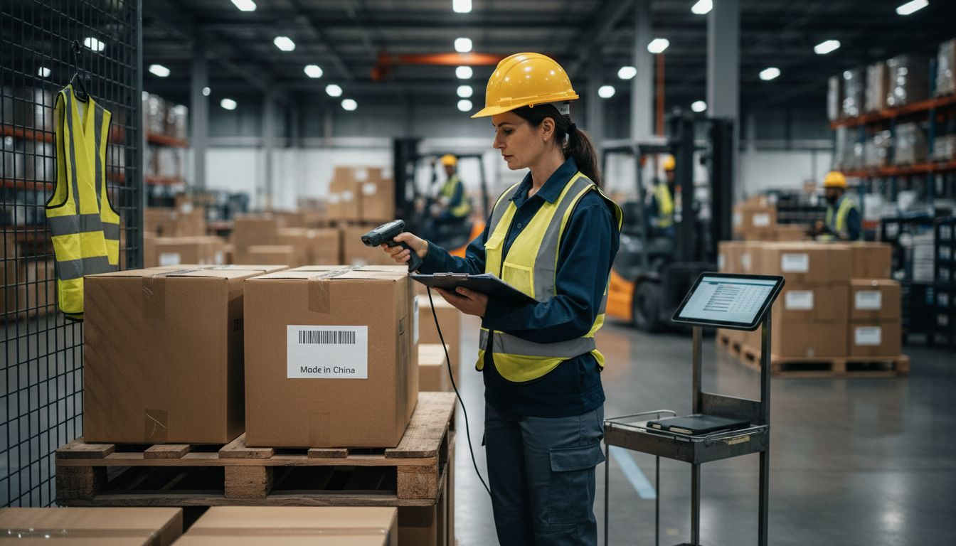 Warehouse supervisor checking shipment labels on boxes