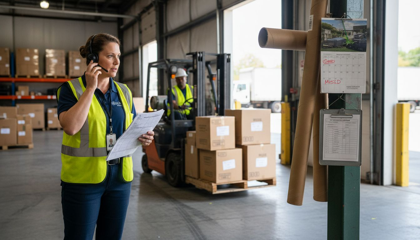 Supervisor and forklift in busy urban warehouse