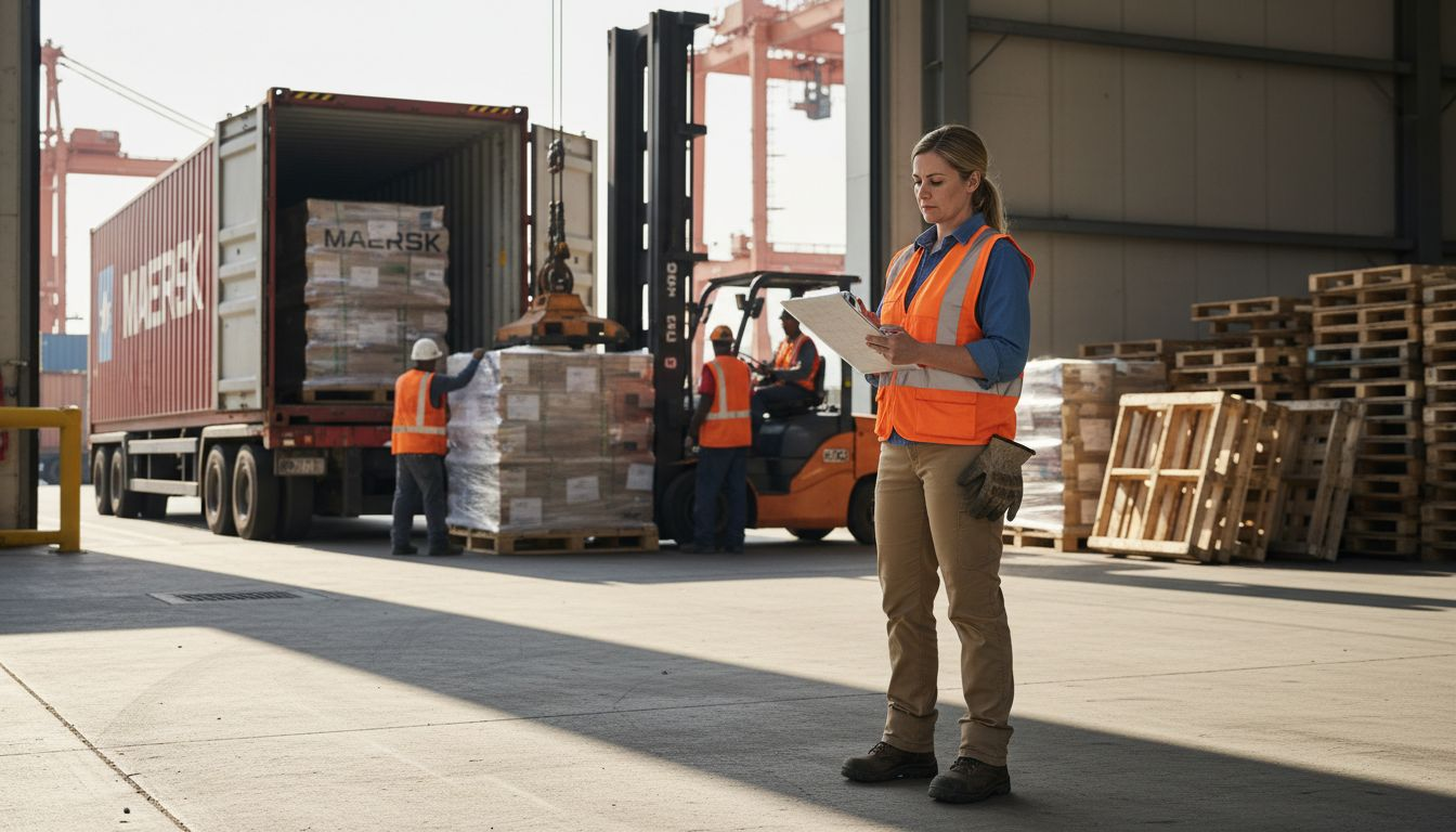 Logistics coordinator checks import pallets unloading