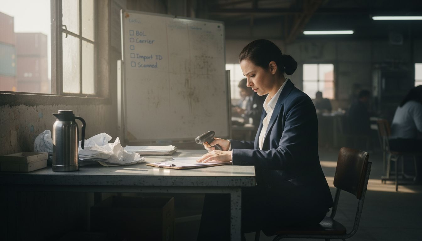 Shipping agent verifying documents in customs office
