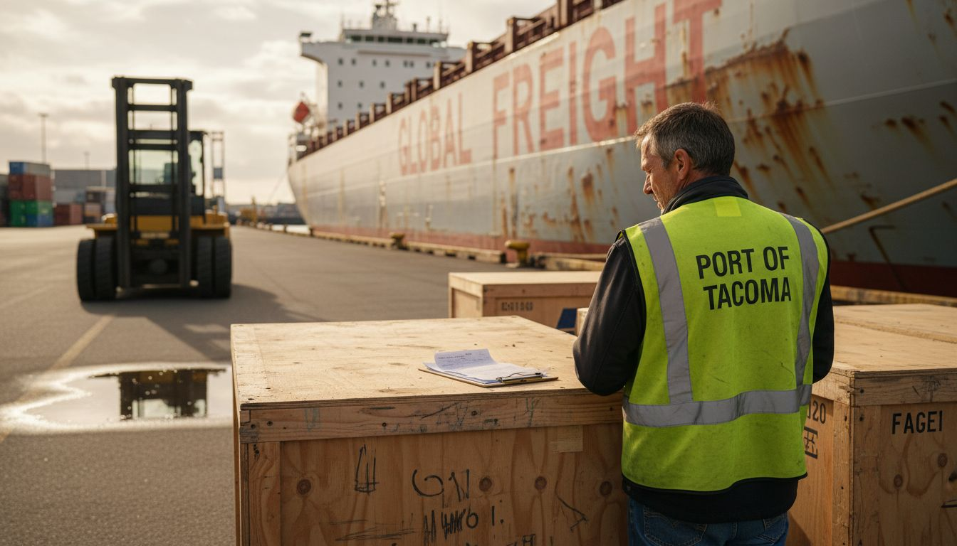 Dockworker inspects damaged cargo at ship
