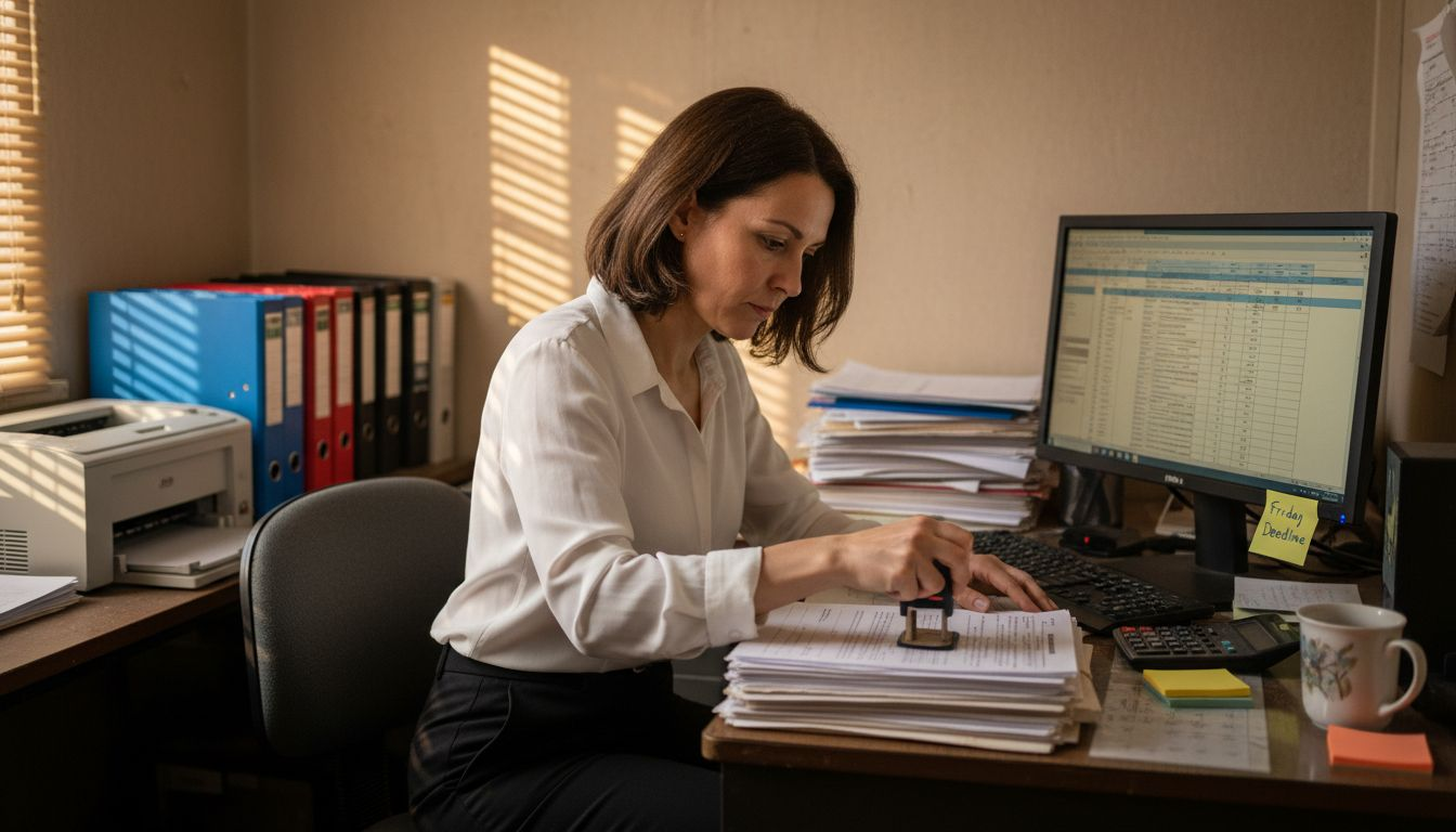 Customs broker stamping paperwork at desk