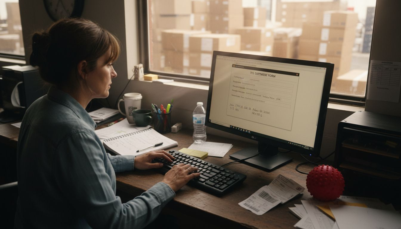 Worker entering shipment details in UPS form