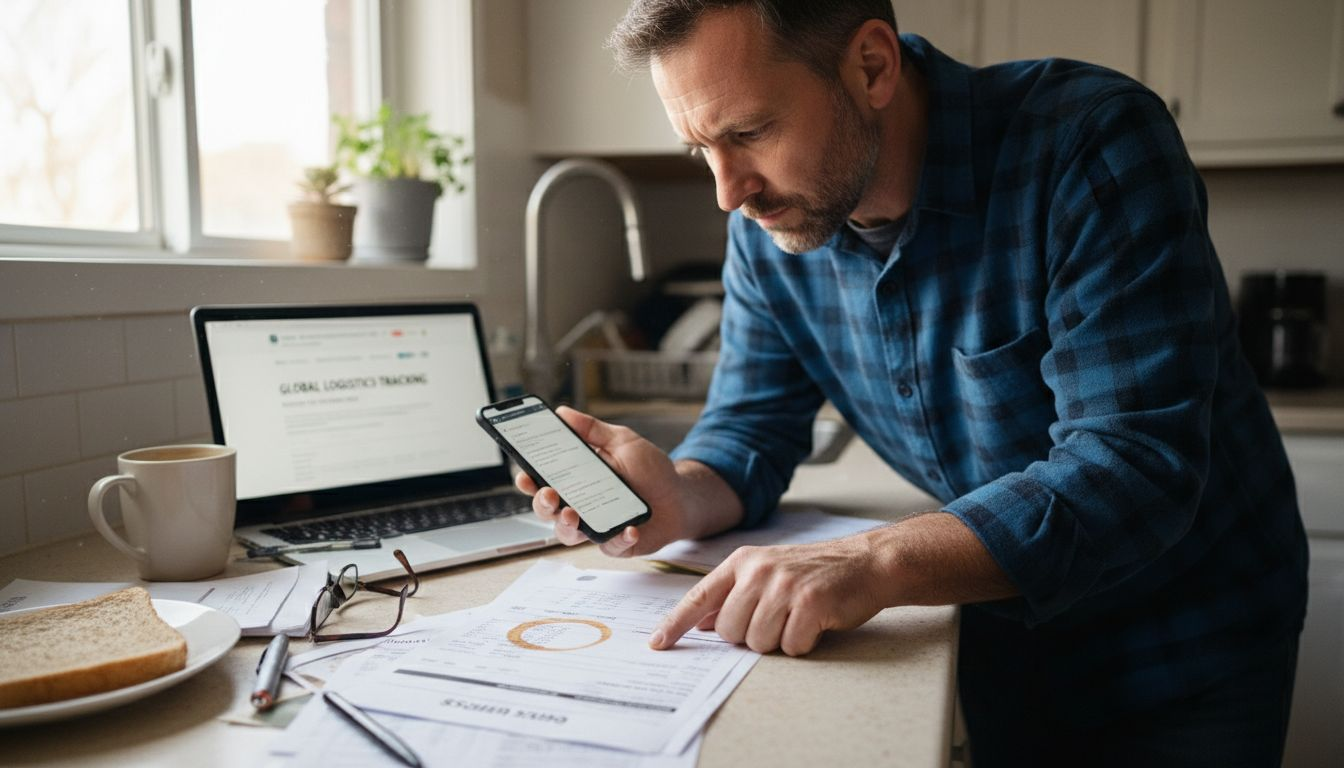 Man checks shipment paperwork at kitchen counter