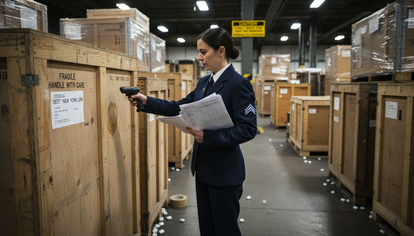 Customs official checking shipping crate documents