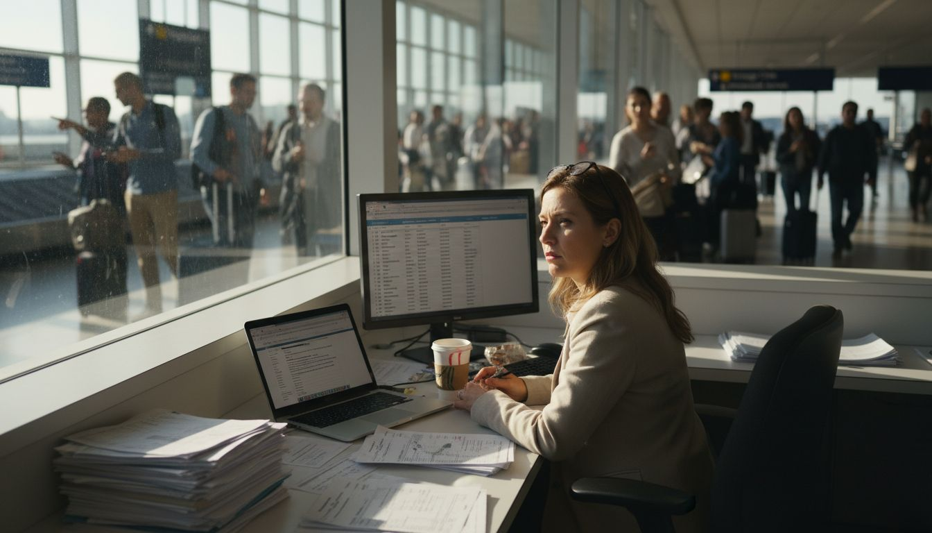 Customs broker reviewing import documents at airport