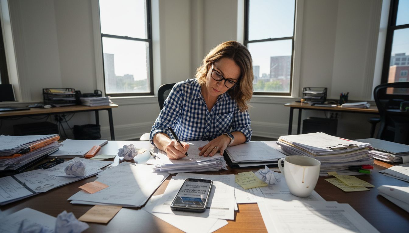 Manager reviewing freight cost paperwork