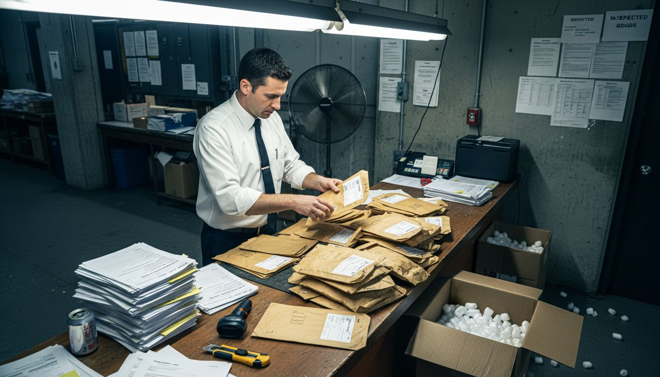 Customs agent sorting paperwork at shipping desk