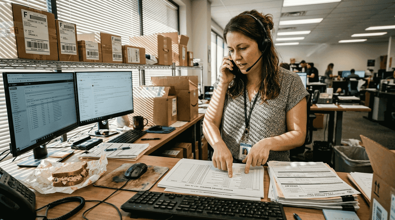 Freight coordinator handling shipping paperwork