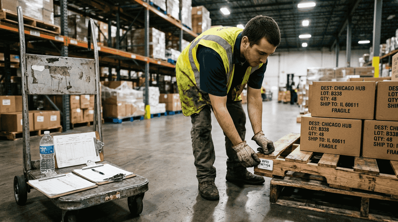 Worker attaching RFID tag to cargo pallet in warehouse