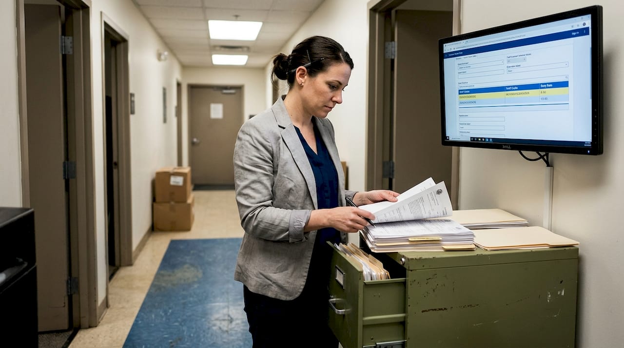 Woman reviewing customs document near cabinet
