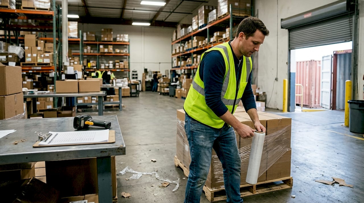 Warehouse worker packing pallet for ocean shipment