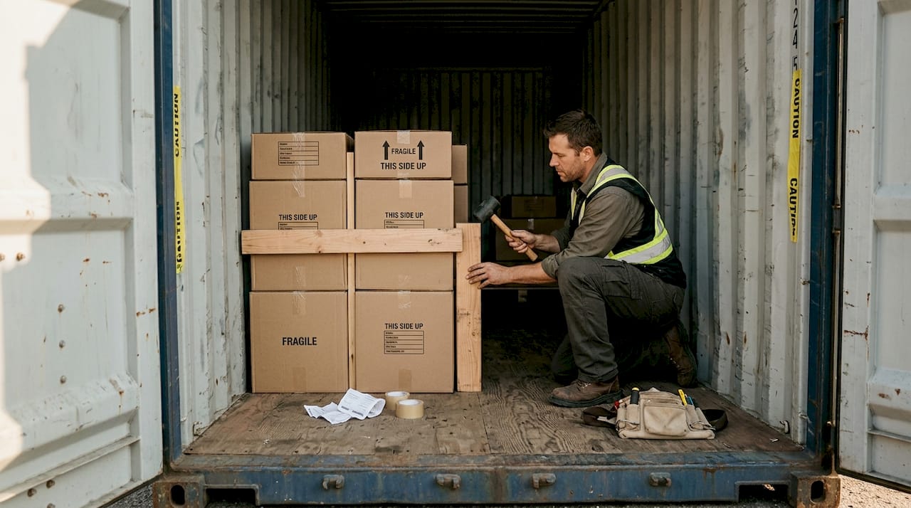 Worker blocking cargo in shipping container
