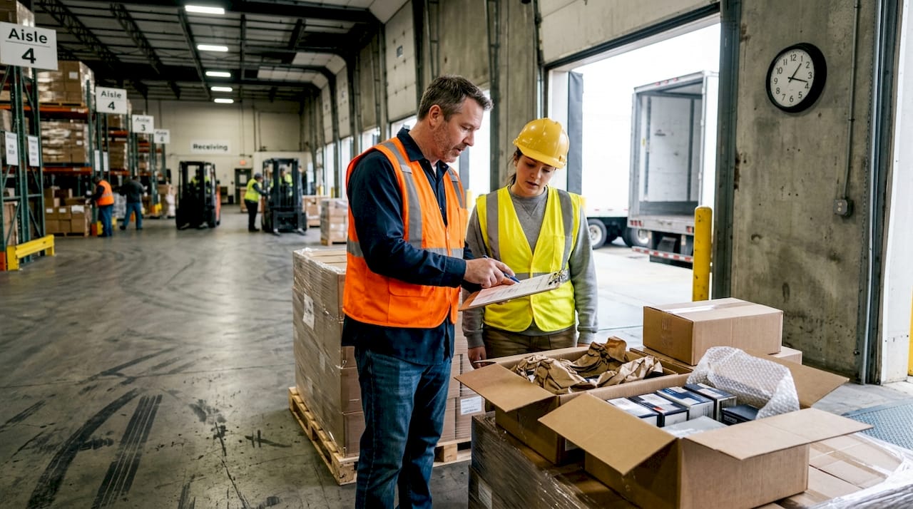 Warehouse supervisor checks shipment manifest with worker