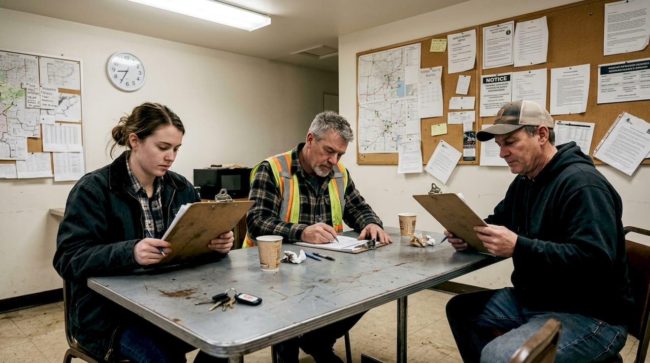 Truck drivers reviewing schedules in breakroom