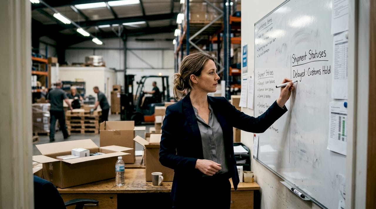 Manager noting customs delays in warehouse office