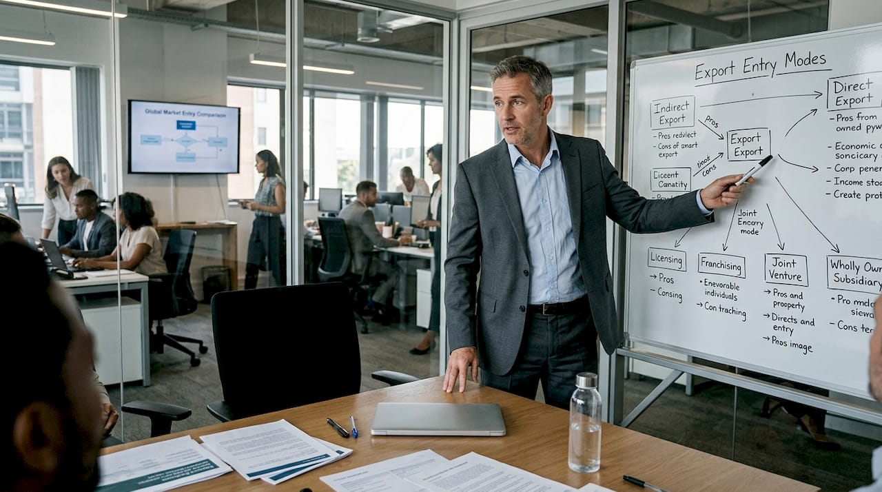 Executive presenting export entry mode diagrams