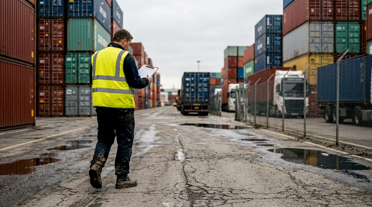 Dockworker with clipboard at crowded busy port