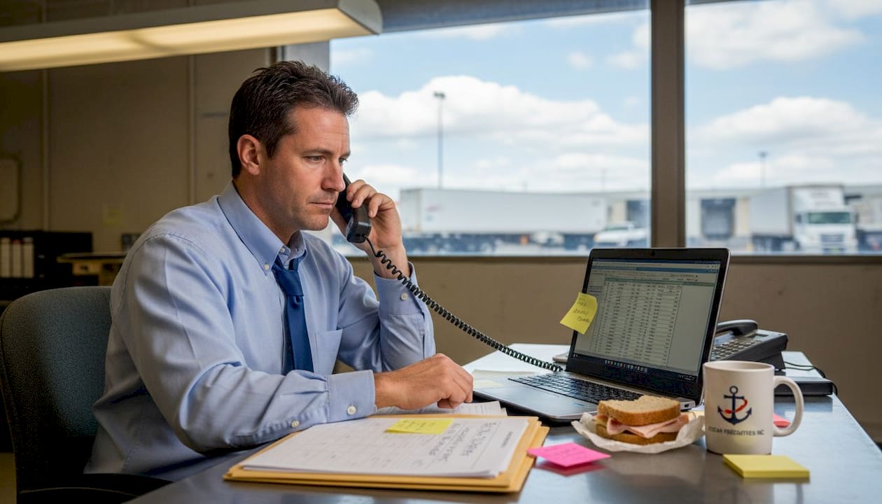 Freight manager negotiating on phone at desk