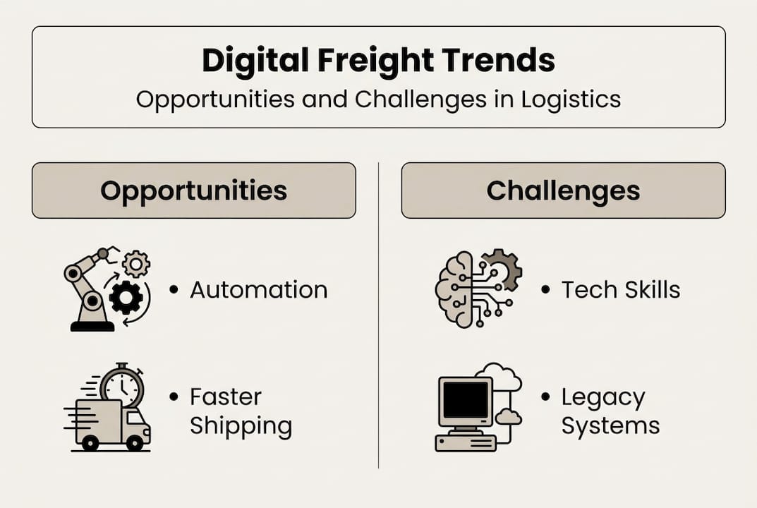 Digital freight forwarding infographic with key points