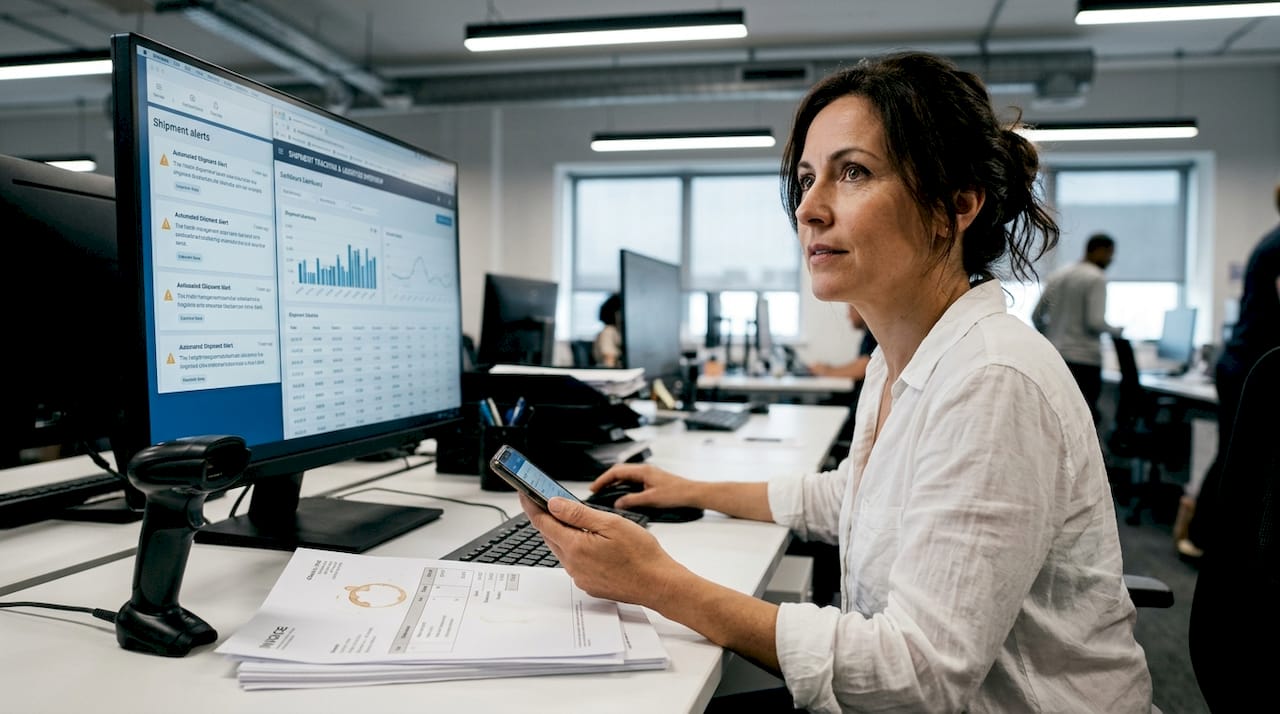 Employee reviews freight shipment alerts and paperwork