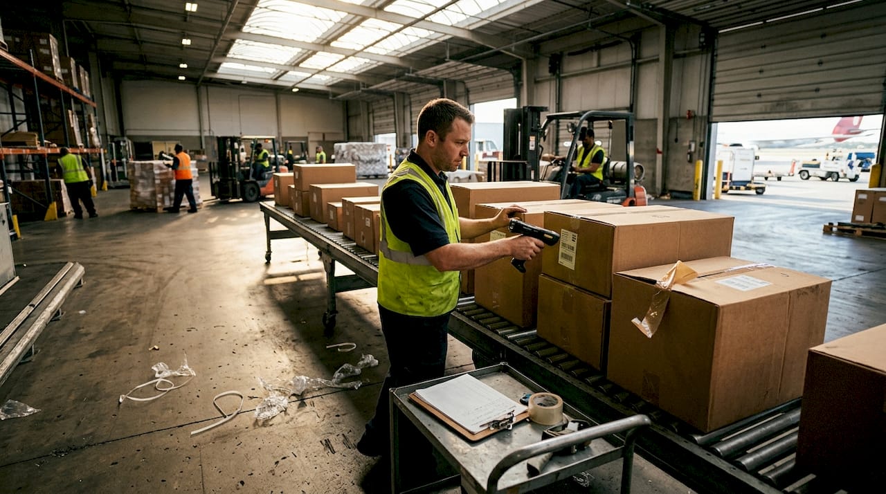 Cargo handler scanning shipments in airport terminal