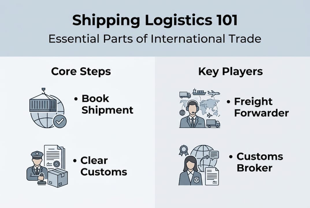 Infographic summarizes shipping logistics core steps and roles