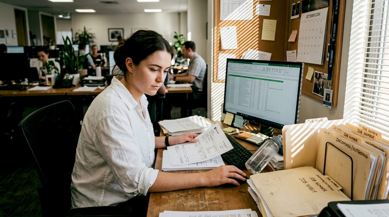 Coordinator auditing shipment documents at desk