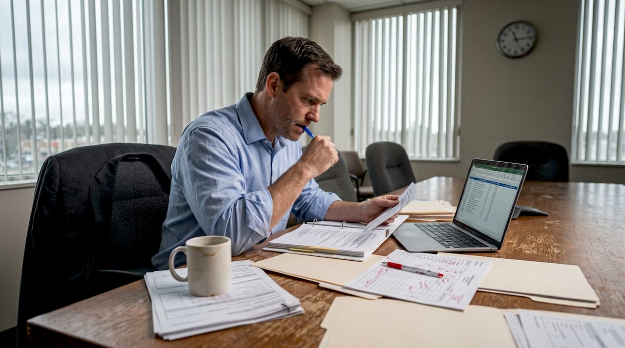 Financial analyst cross-referencing customs documents