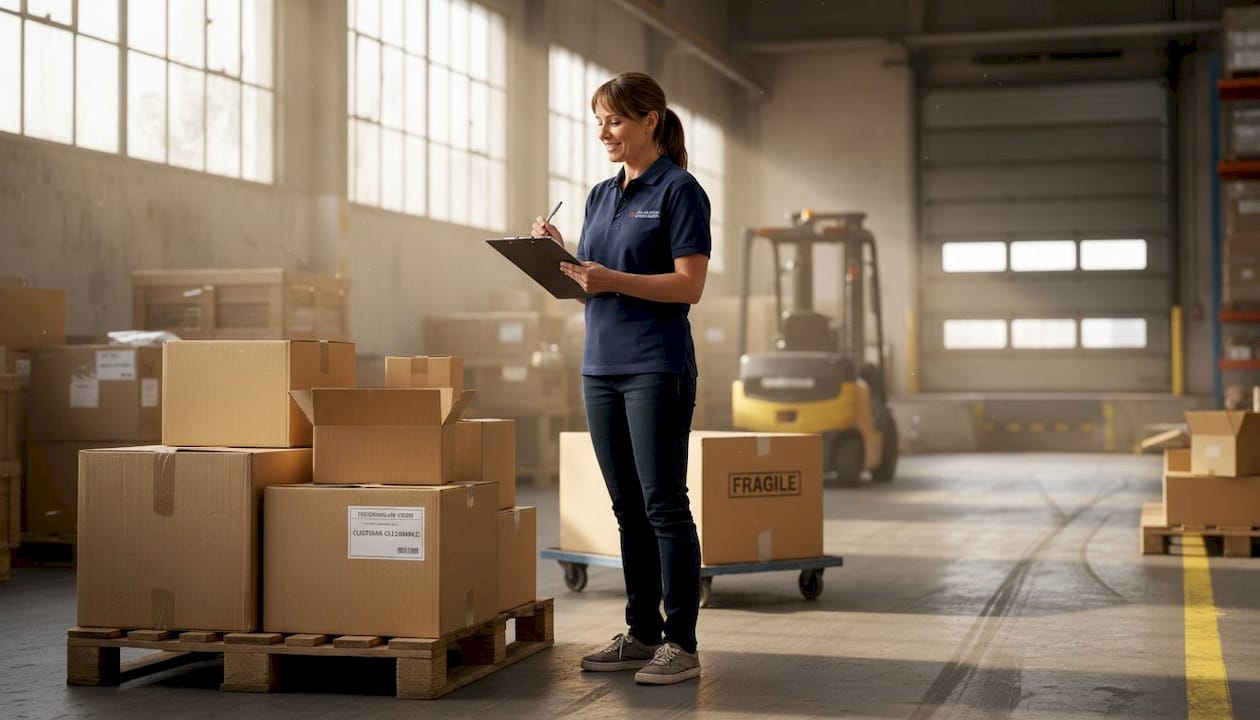 Supervisor checks customs forms on warehouse dock