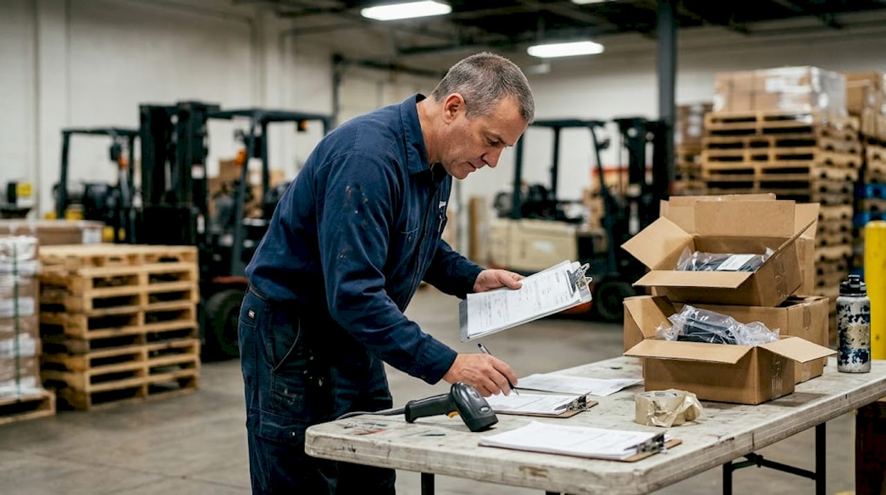 Coordinator checking shipment forms in warehouse setting