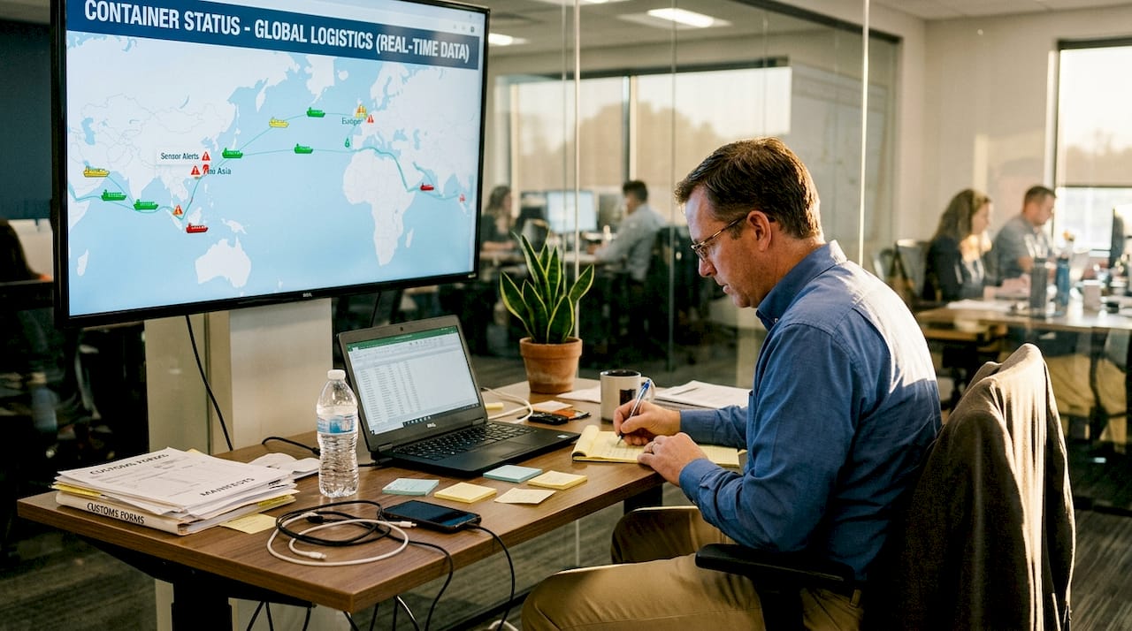 Shipping manager monitoring real-time cargo dashboard