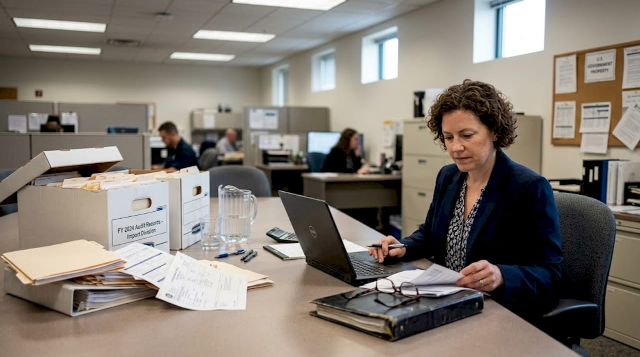 Customs auditor reviewing shipping records in office