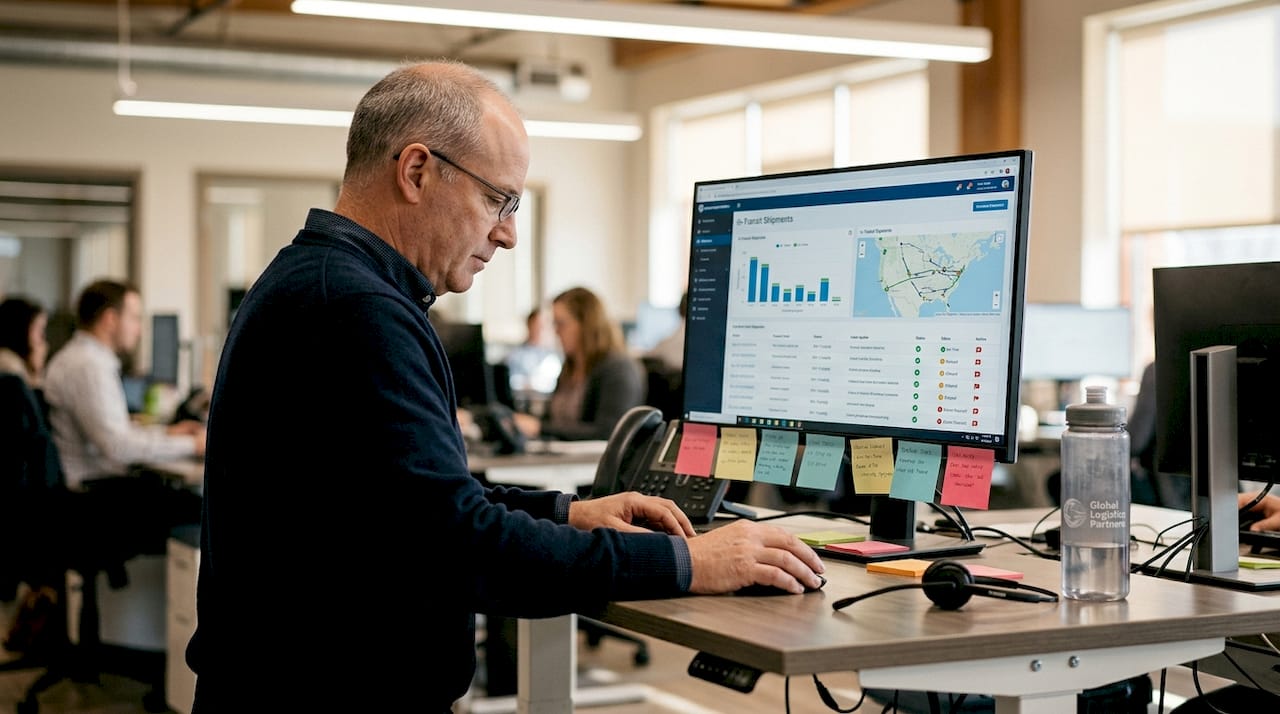 Manager checking logistics dashboard at shared desk