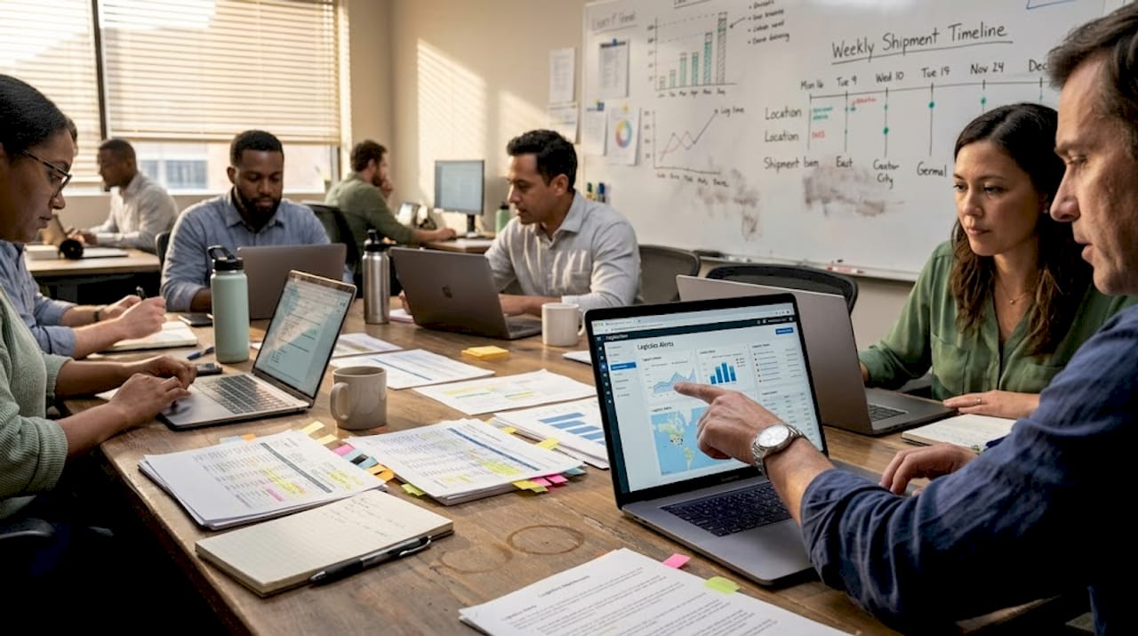 Team discussing shipment tracking alert notifications