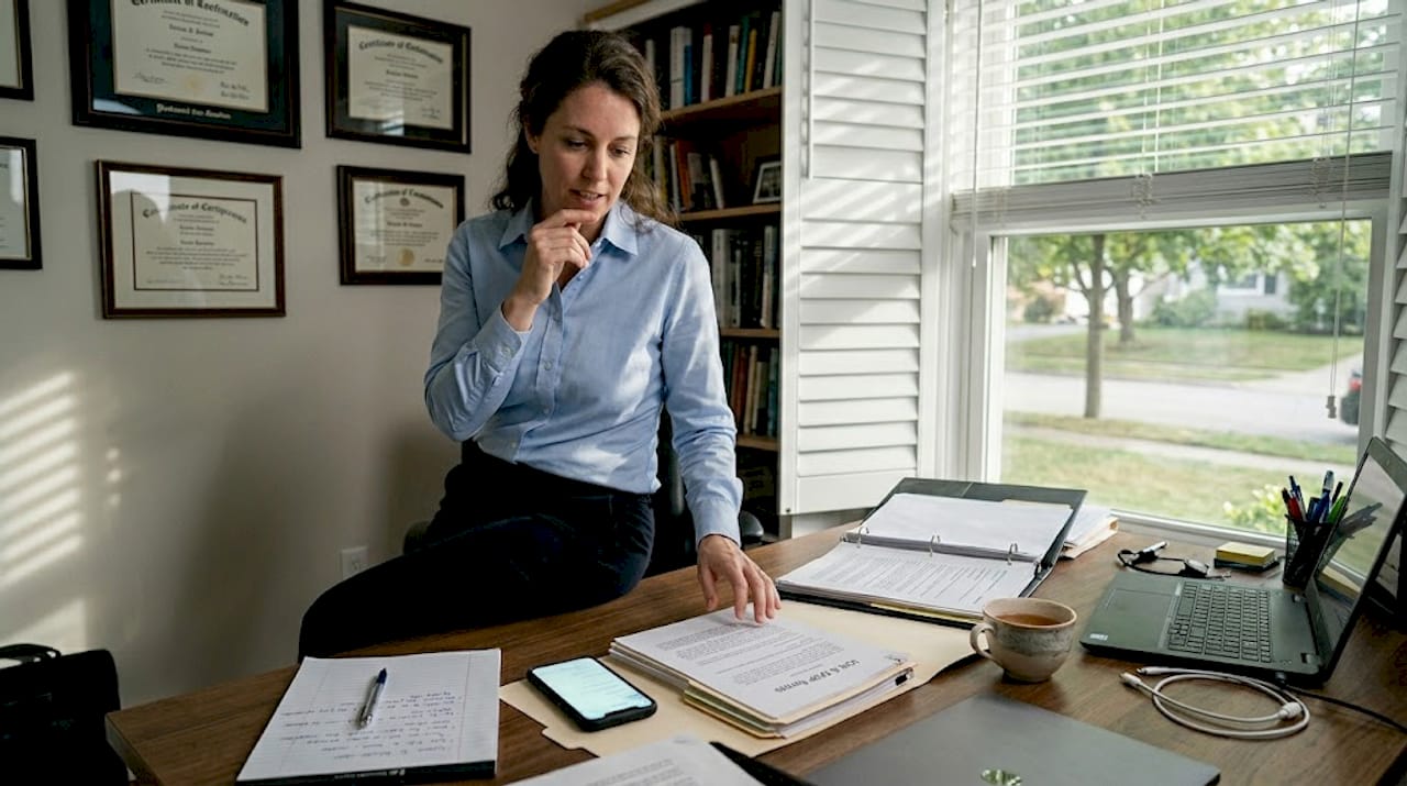 Woman discussing IOR paperwork at home office