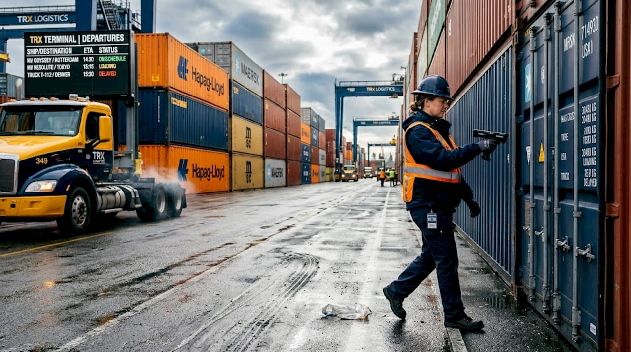 Dockworker scanning containers at busy port