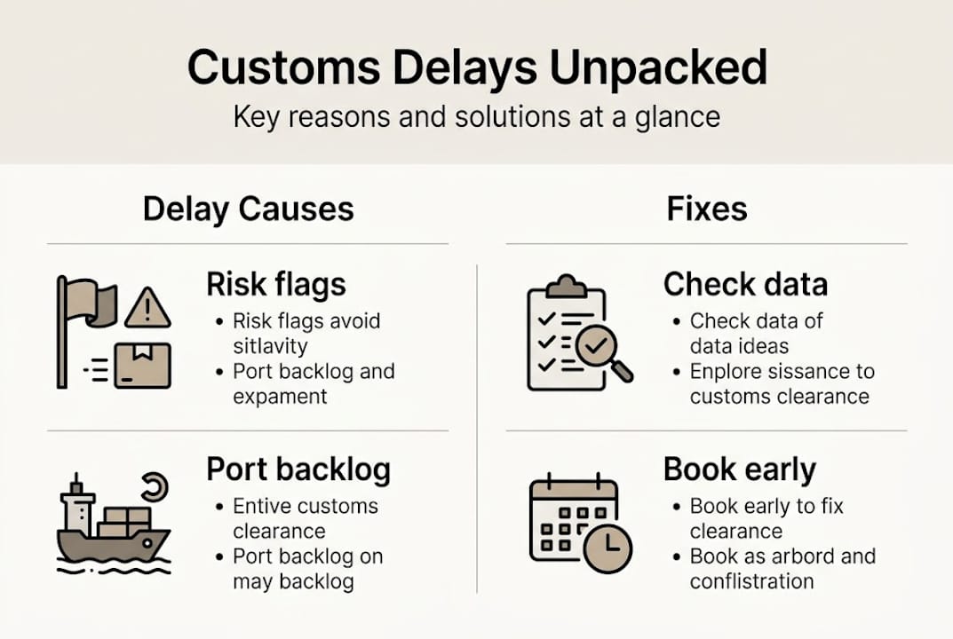 Infographic showing causes and fixes for customs delays