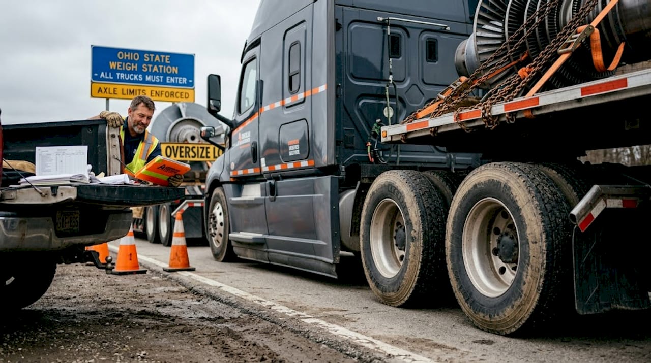 Driver preparing oversized freight truck