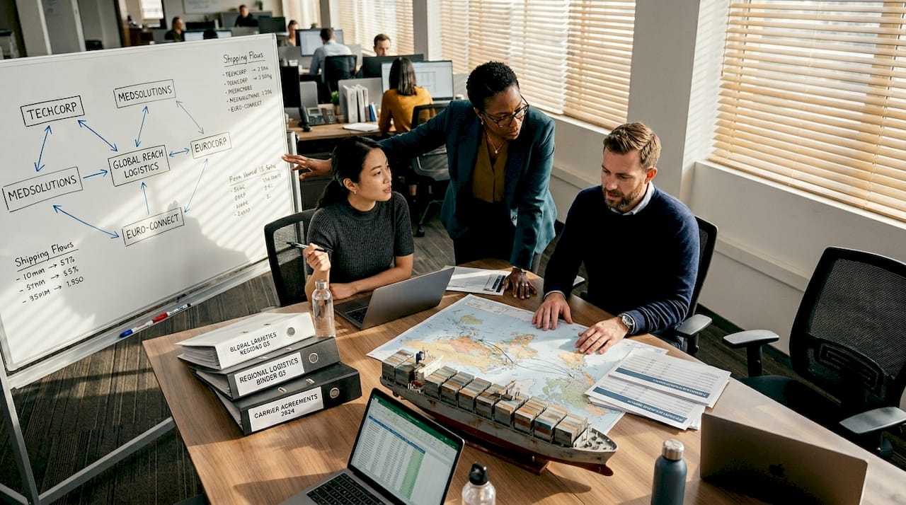 Logistics managers discuss global shipping flows
