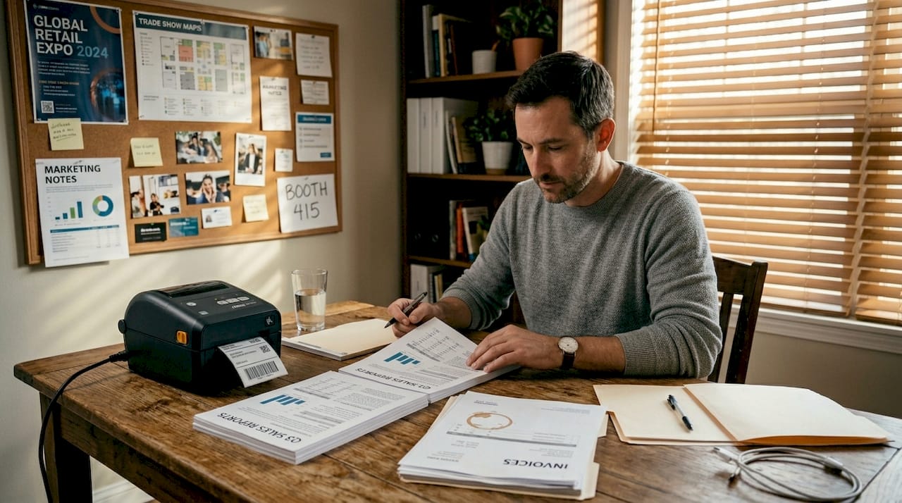 Entrepreneur reviewing sales reports at home workspace