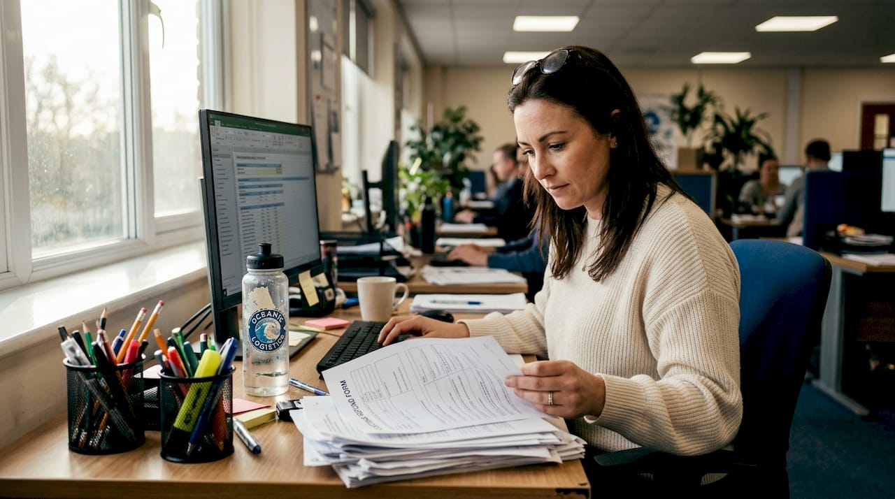 Trade specialist processing customs refund paperwork