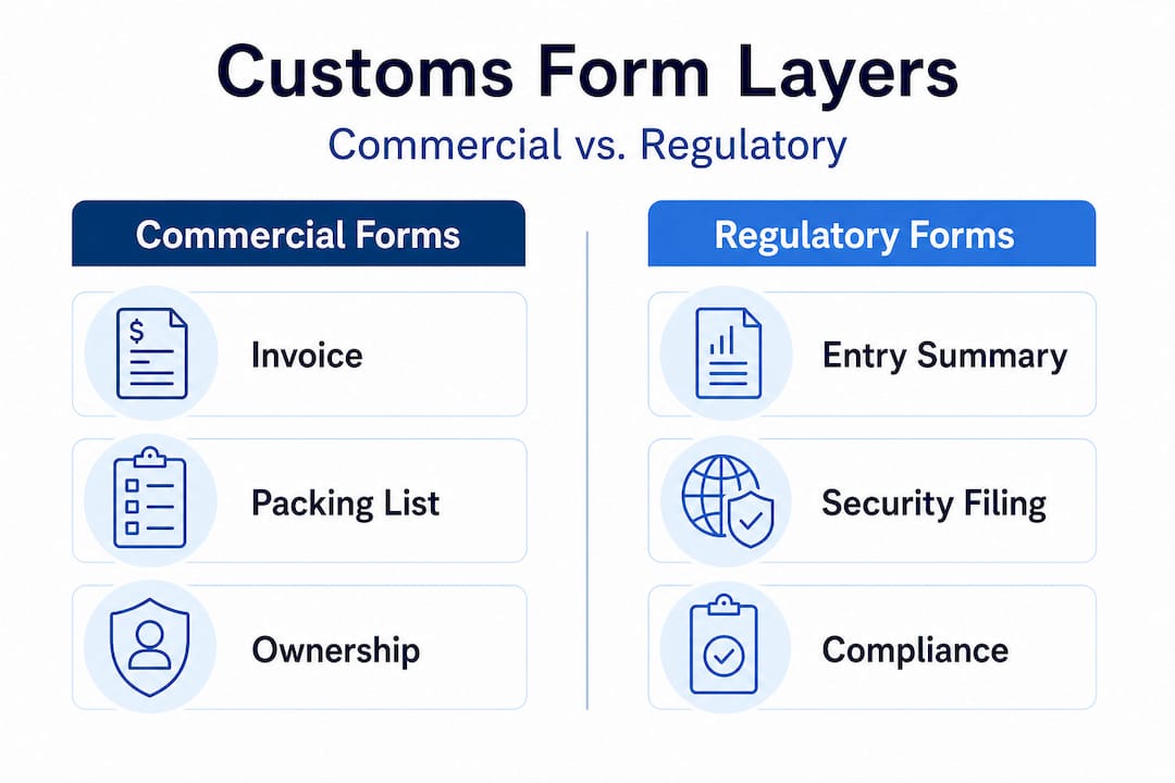 Infographic comparing commercial and regulatory customs forms