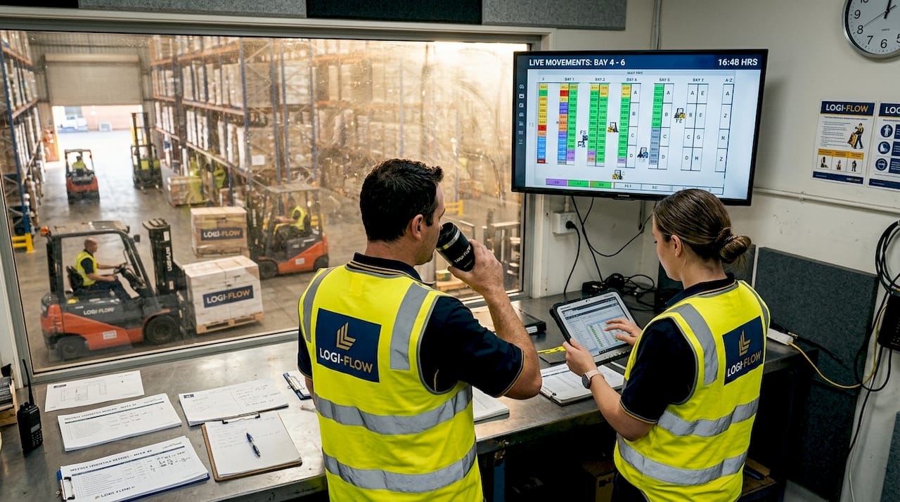 Managers tracking logistics workflow in control room