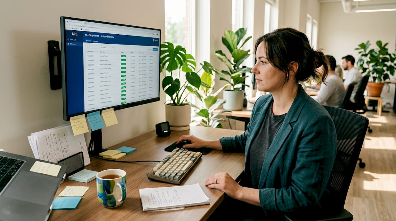 Manager checking shipment status monitor