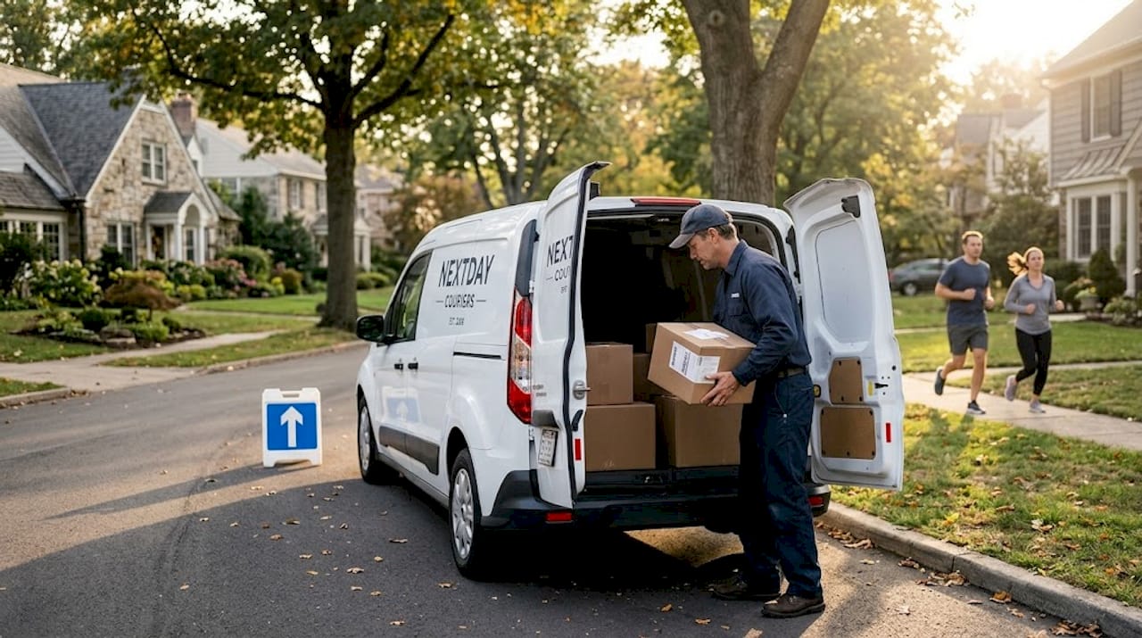 Courier driver loading parcels into delivery van