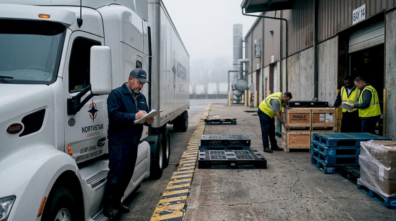 Semi-truck and driver at warehouse dock