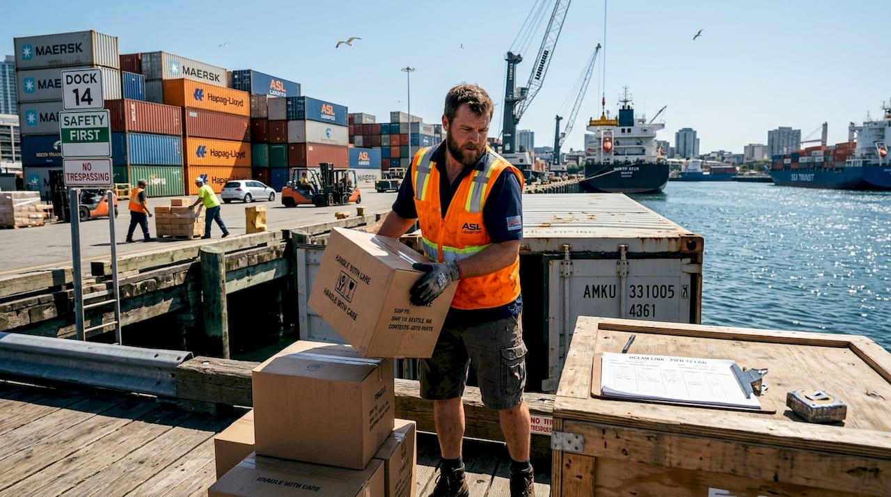 Dock worker unloading boxes at shipping terminal