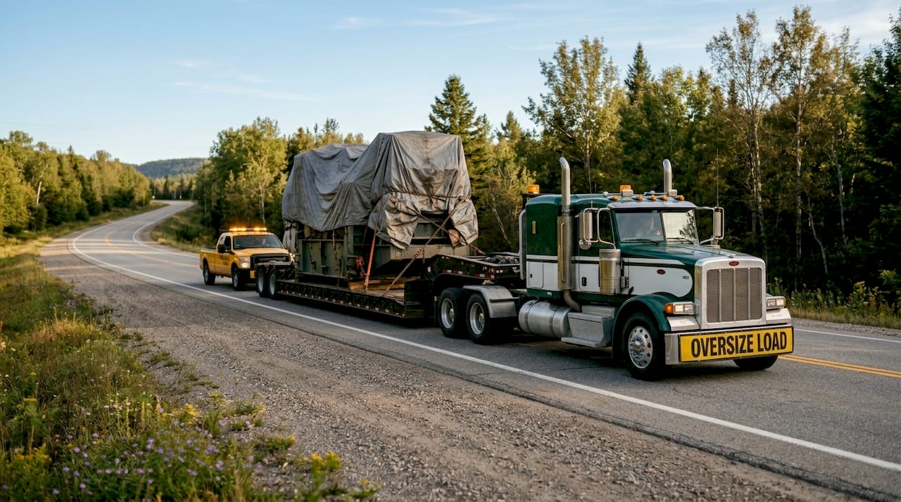 Escort vehicle and flatbed on highway
